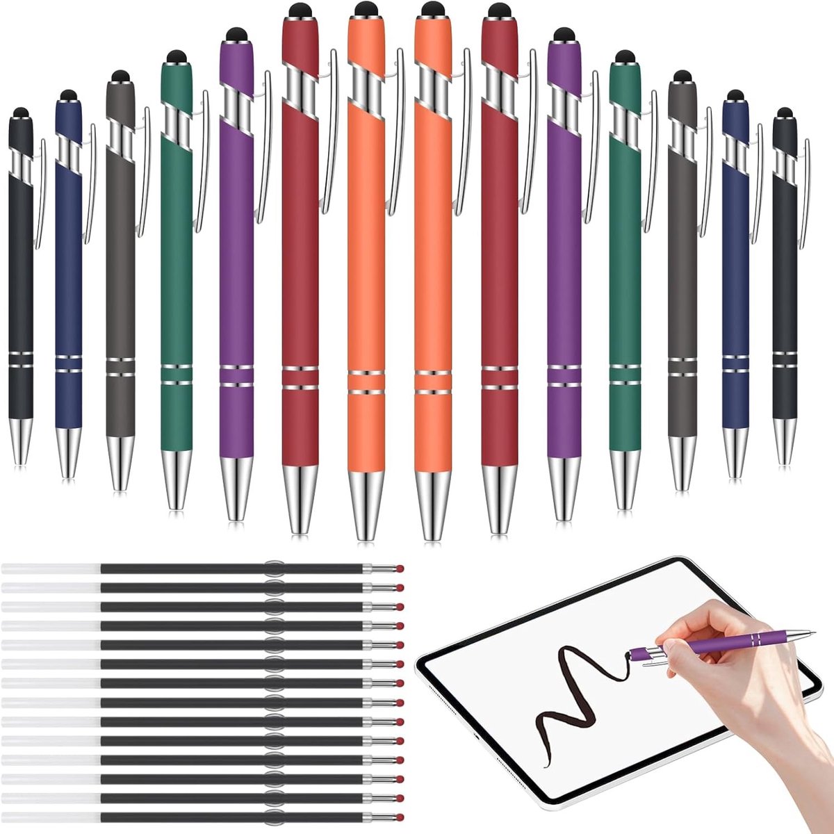 14-delige set balpennen met styluspunt, 2-in-1 schrijfpennen met 28 navullingen, comfortabele en soepele zwarte inkt 1mm, ideaal voor kantoor en dagelijks gebruik