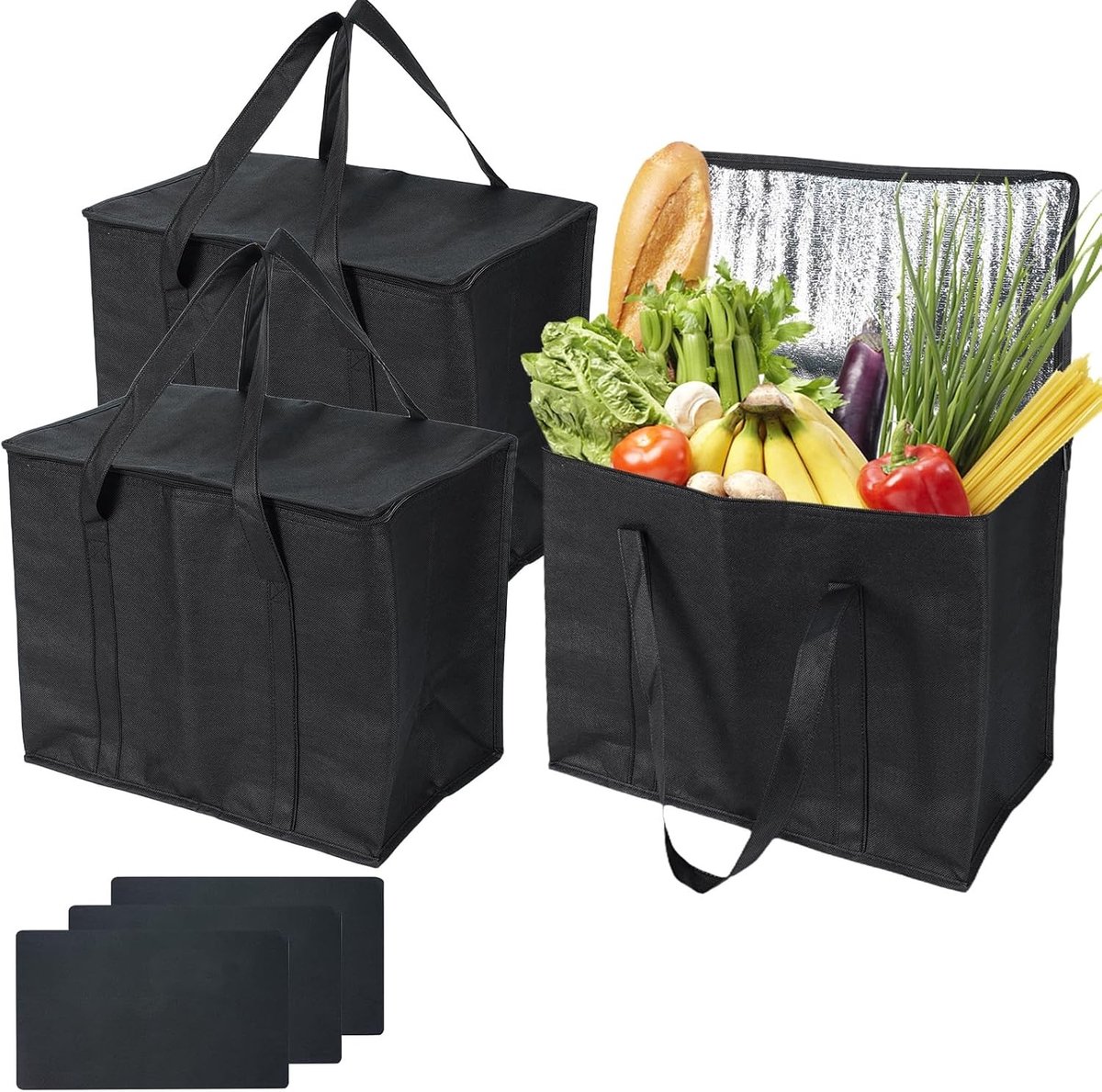 Duurzame Herbruikbare Koeltas voor Voedselbezorging - 3 Stuks, 40 Liter, Grote Zwarte Thermische Tassen met Handvatten en Bodemplaten voor Catering (43 x 26 x 13 cm)