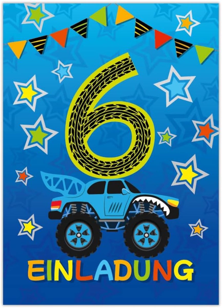 Uitnodigingskaarten 6e verjaardag - monster truck design - 12 stuks - voor jongens - ShopVlot