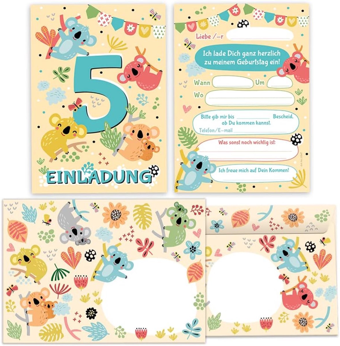Uitnodigingskaarten 12 stuks - 5e verjaardag - Koala ontwerp - Inclusief enveloppen - ShopVlot