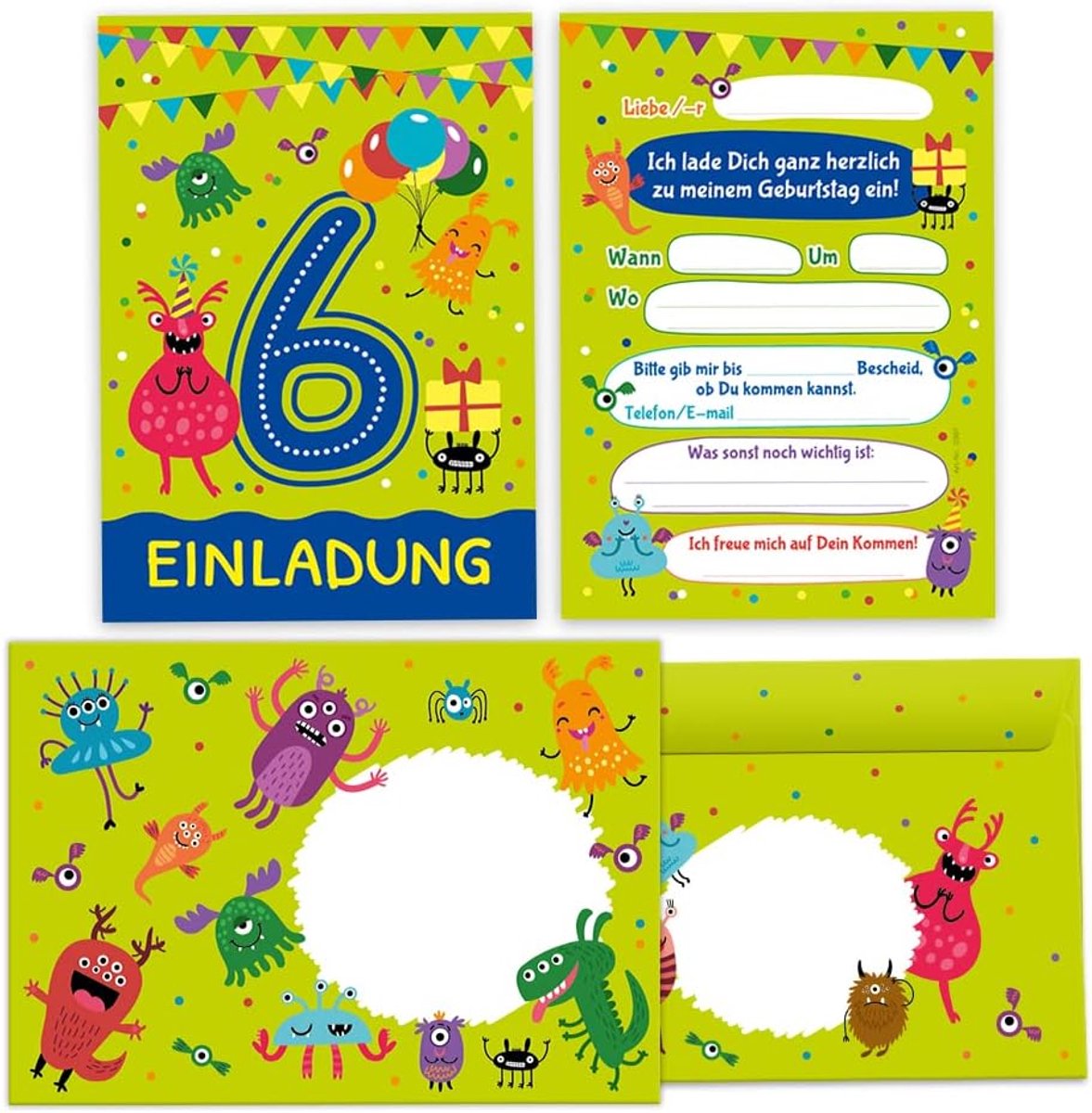 uitnodigingskaarten 12 stuks - monsters - inclusief enveloppen - voor 6e verjaardag - ShopVlot