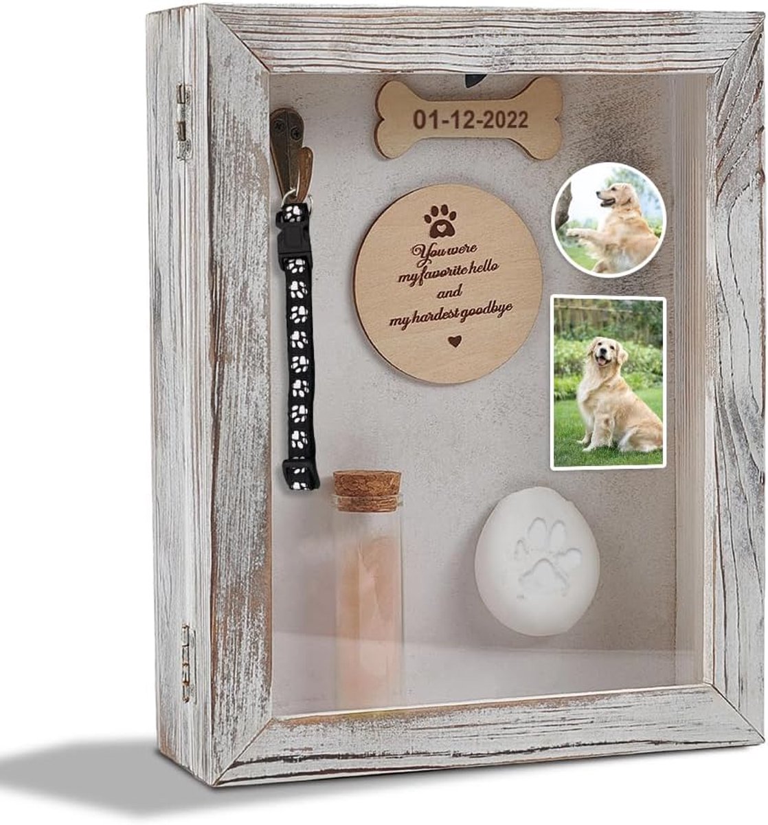 Pet memorial shadow box - massief houten rechthoek - lichtgrijs - herdenkingsgeschenk voor hond en kat - ShopVlot