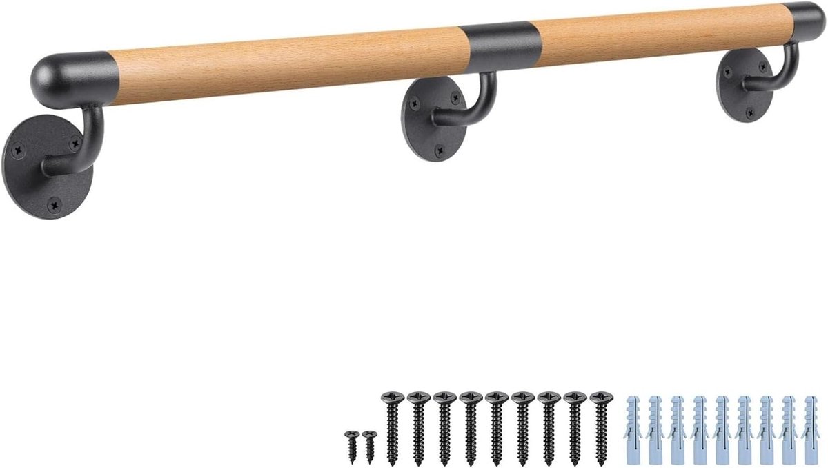Houten handrail 200cm - muurbevestigd - antislip veiligheidssteun - perfect voor trapgebruik - ShopVlot