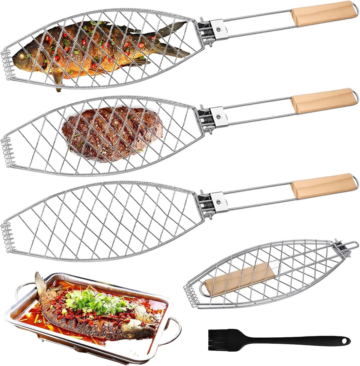 visgrillhouder 63 x 12 cm - met houten handvat - duurzaam metaal - ideaal voor barbecue - ShopVlot