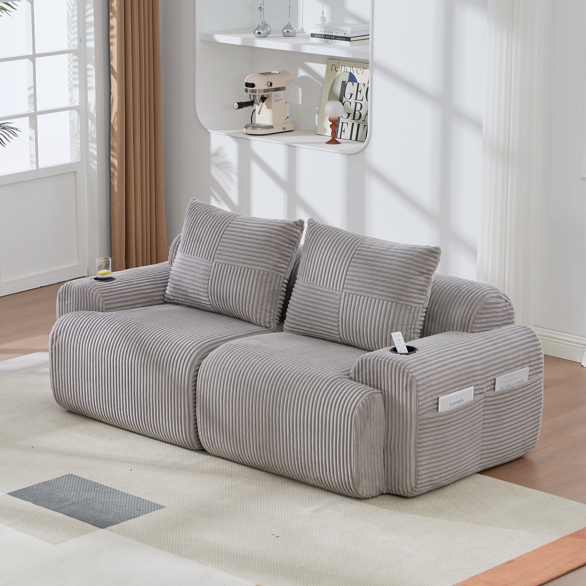 DESMIU Bank - Modulaire Zitbank 2-Zits - Met Cupholder En Zijvak - Voor Woonkamer En Familiekamer - Corduroy - Lichtgrijs