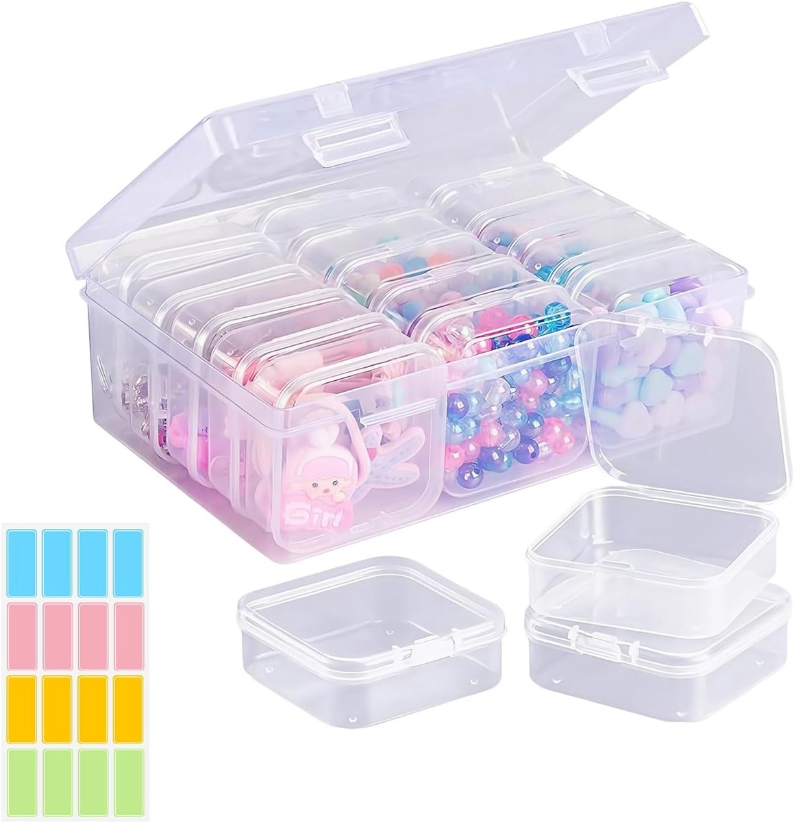 Transparante opbergdozen 17,4 x 12,4 cm - met 15 kleine kunststof dozen - ideaal voor kralen en sieraden - ShopVlot