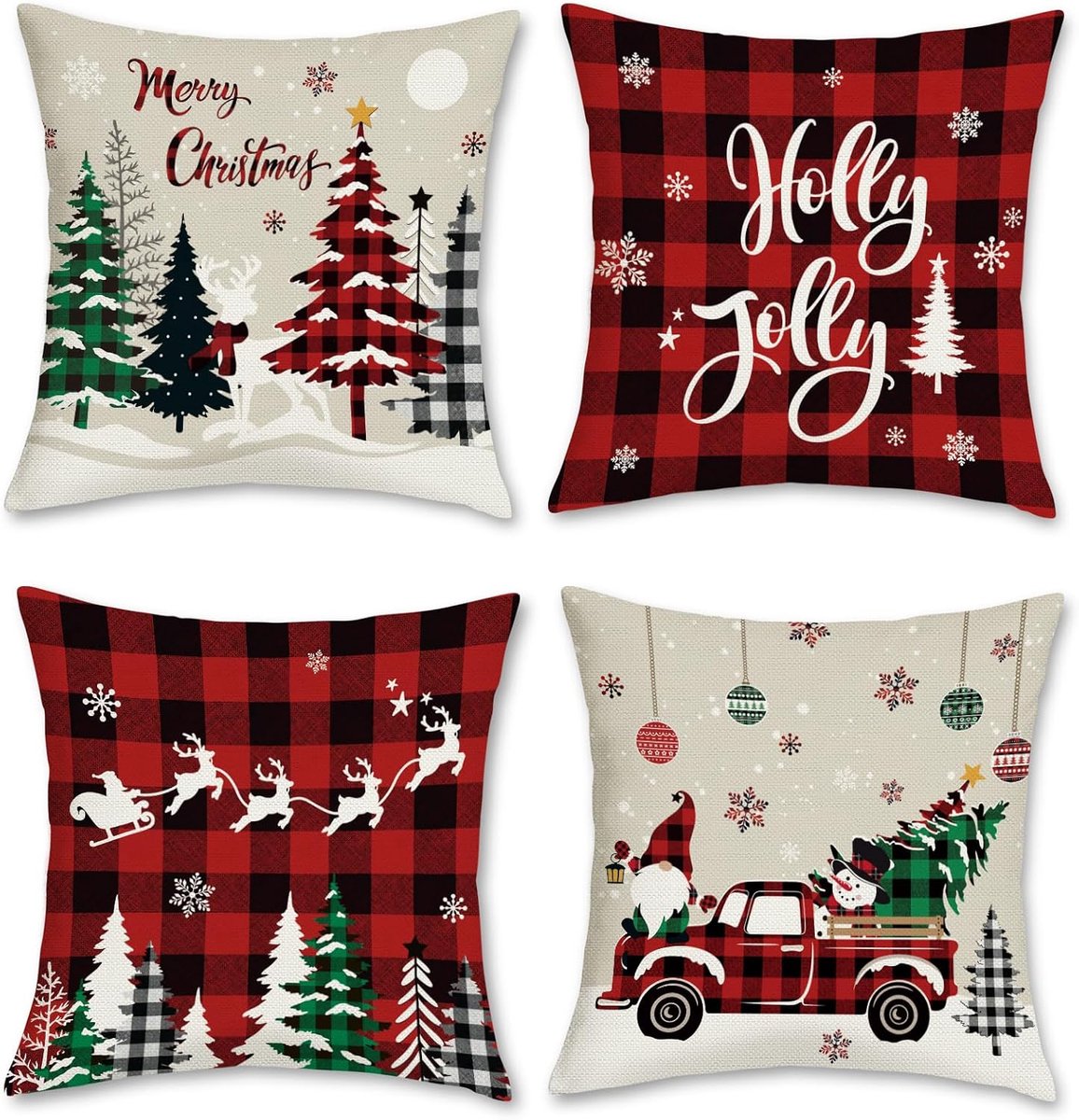 Kussenslopen kerst 45x45cm - polyester linnen - kerstbomen en vrachtwagen - sfeervolle winterdecoratie - ShopVlot