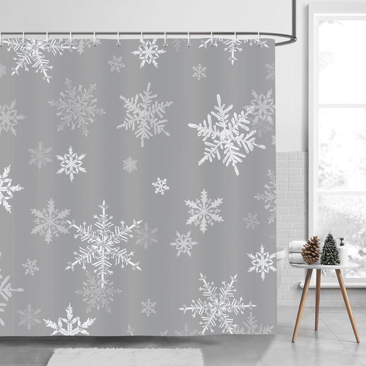 Douchegordijn sneeuwvlokken 180x180cm - grijs polyester - waterdicht en schimmelbestendig - sfeervolle winterdecoratie - ShopVlot