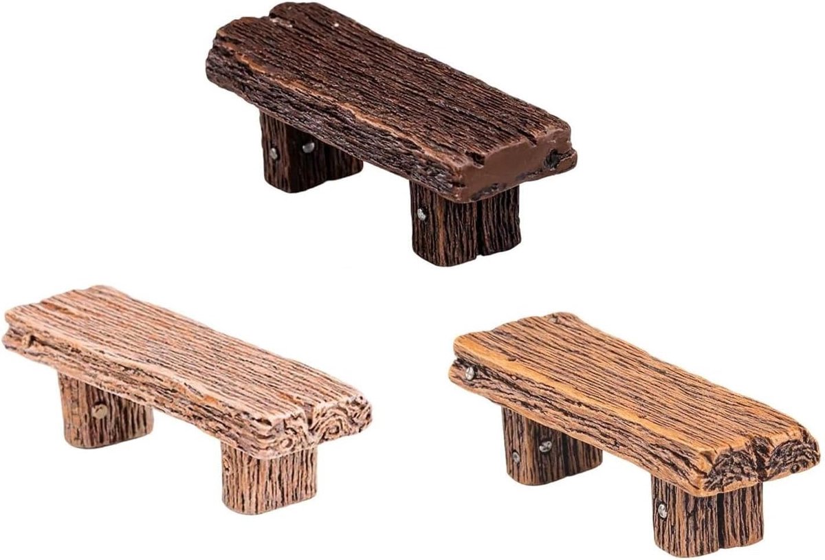 Miniatuur tuinbankje 3Pcs - Houten look - Duurzaam resin - Voor betoverende tuinen - ShopVlot