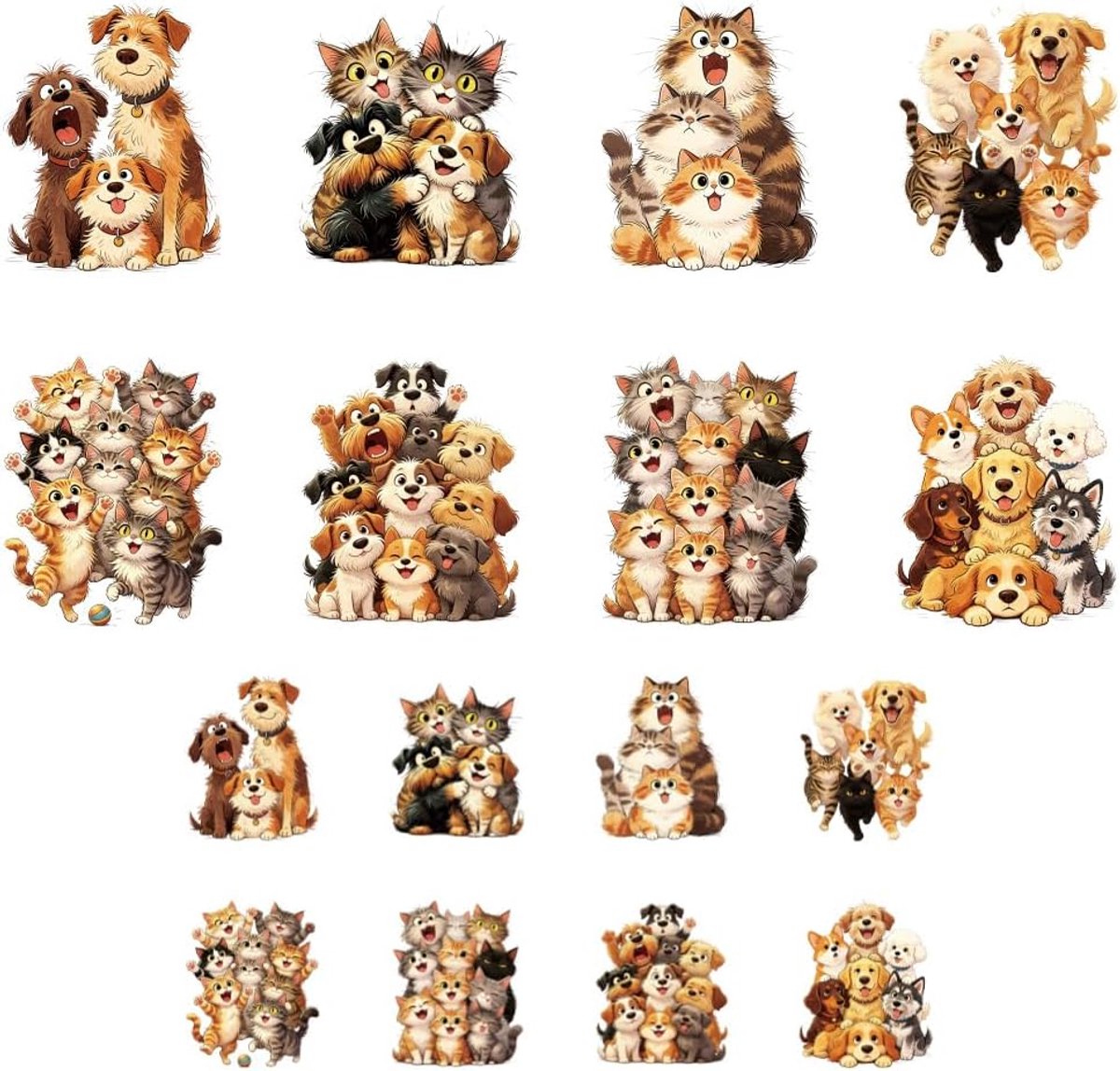 Strijkpatches voor textiel 16 stuks - schattige katten- en hondenfamilie - 6,5 x 8 cm/18 x 22 cm - ShopVlot