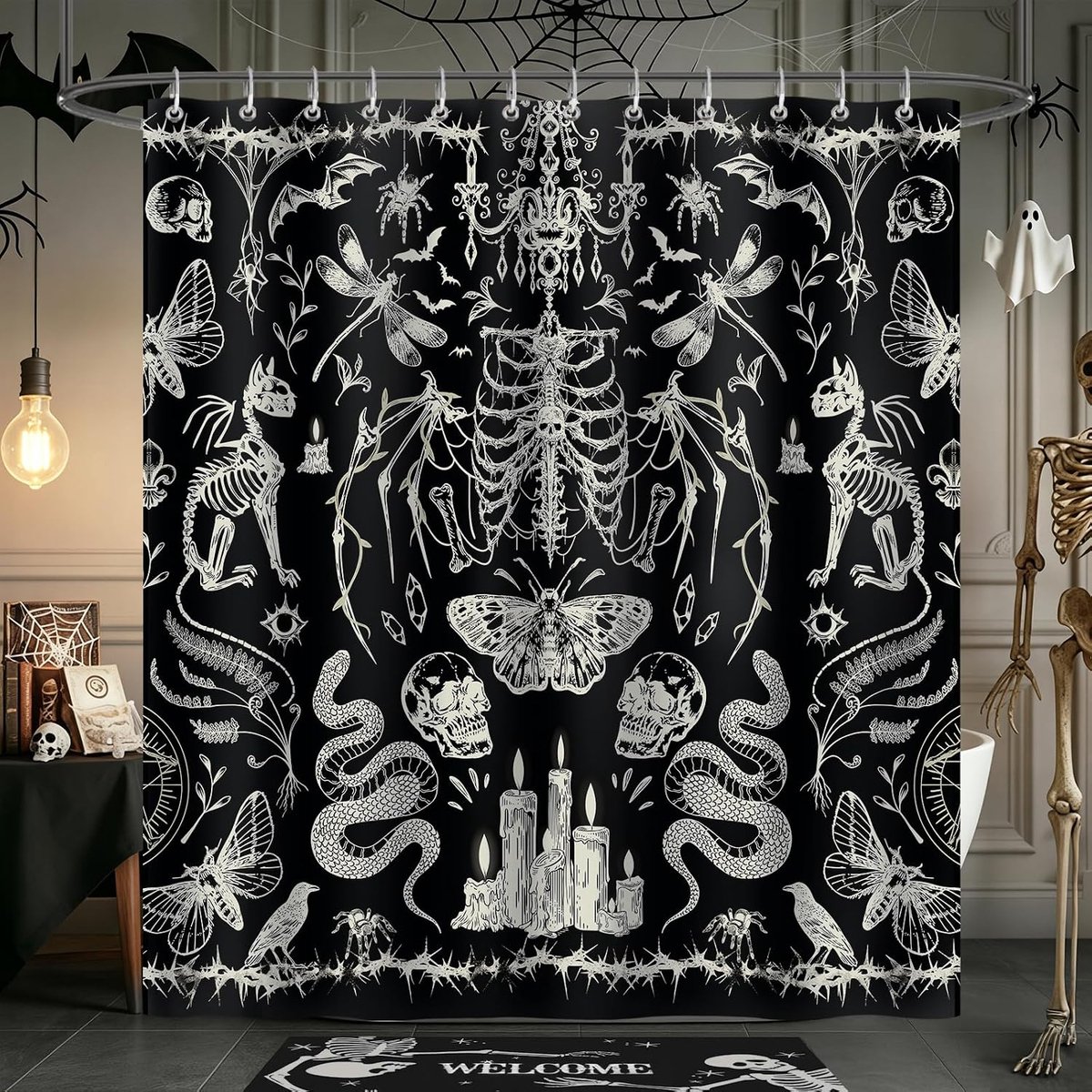 Douchegordijn goth-doodshoofd 180 x 180 cm - waterdicht polyester - schimmelbestendig - creëer een griezelige sfeer - ShopVlot