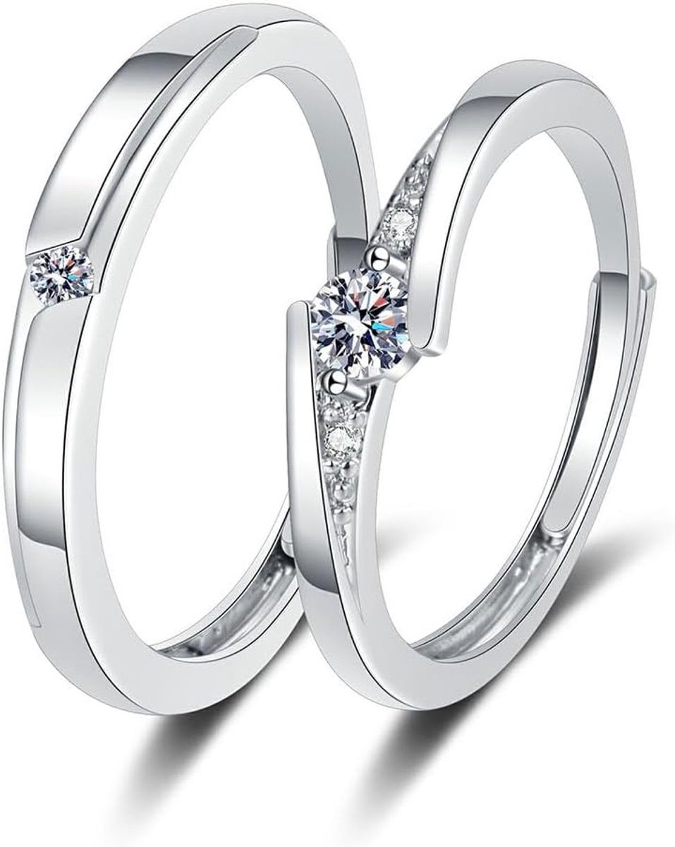 2PCS Cubic Zirconia Couple Rings Set, Adjustable Open Pair Band Eternity Rings for Men and Women, Hypoallergenic - ShopVlot