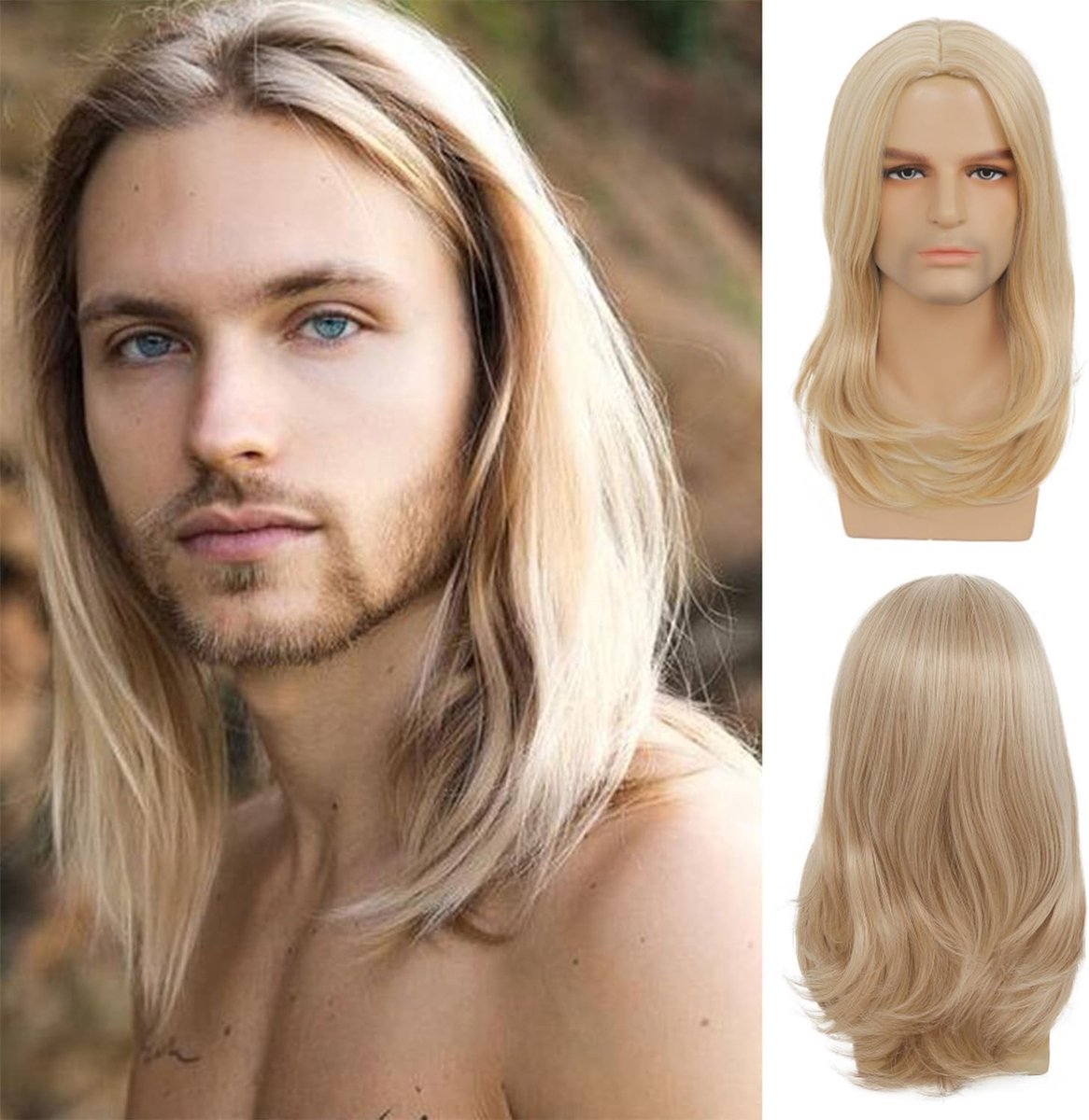 Pruik voor heren, lang, glad, blond, middenscheiding, synthetisch, hittebestendig - ShopVlot