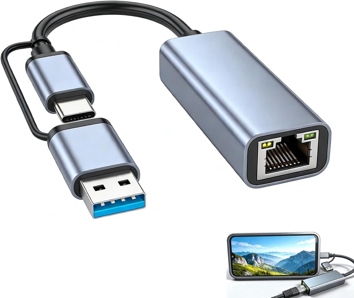 USB C Ethernet Adapter, USB RJ45 Ethernet 2-in-1 USB-A and USB-C to RJ45 Gigabit 1000 Mbps, Aluminum Enclosure with - ShopVlot