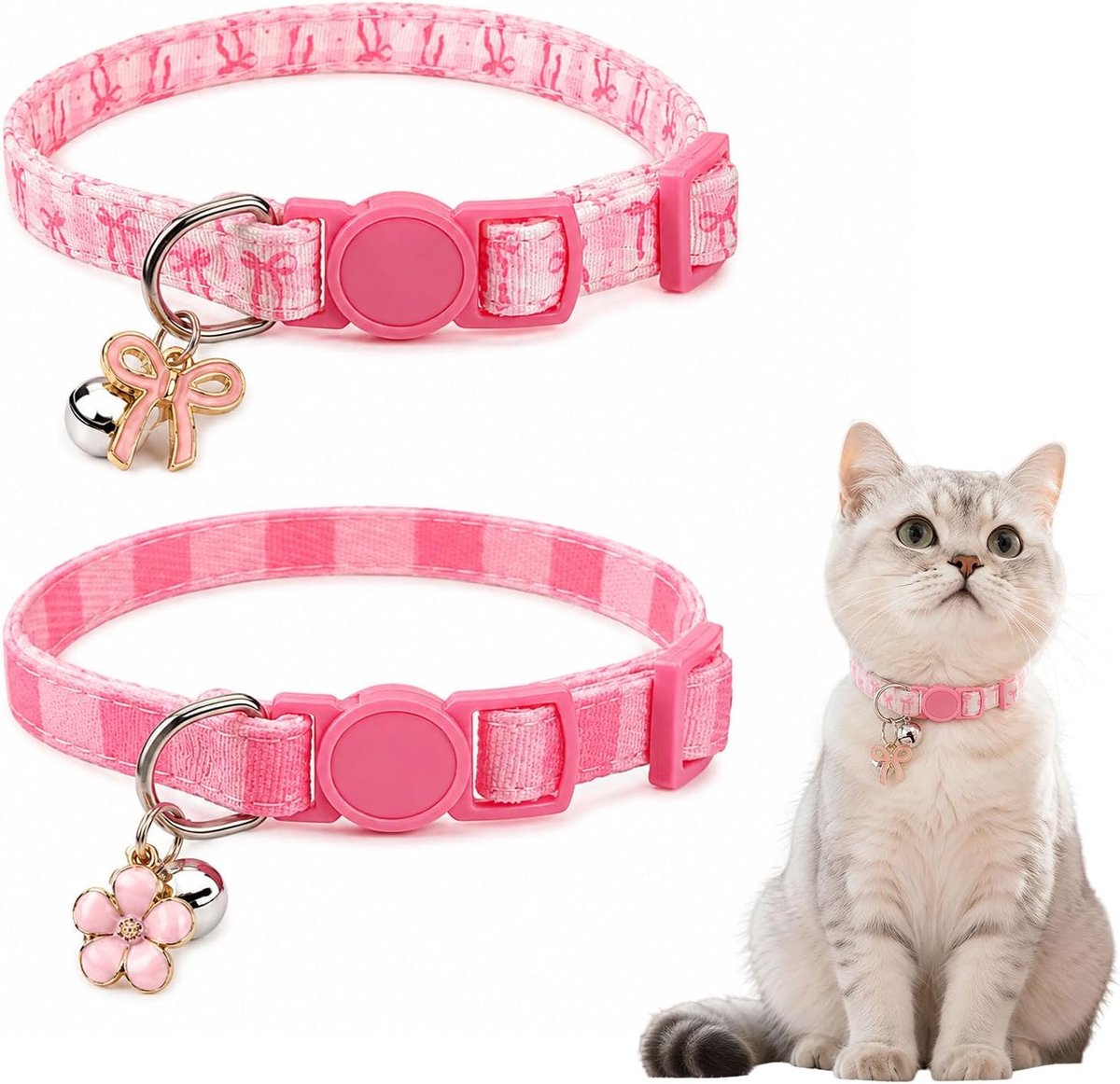 2 kattenhalsbanden roze veiligheidssluiting met bel voor katten - ShopVlot