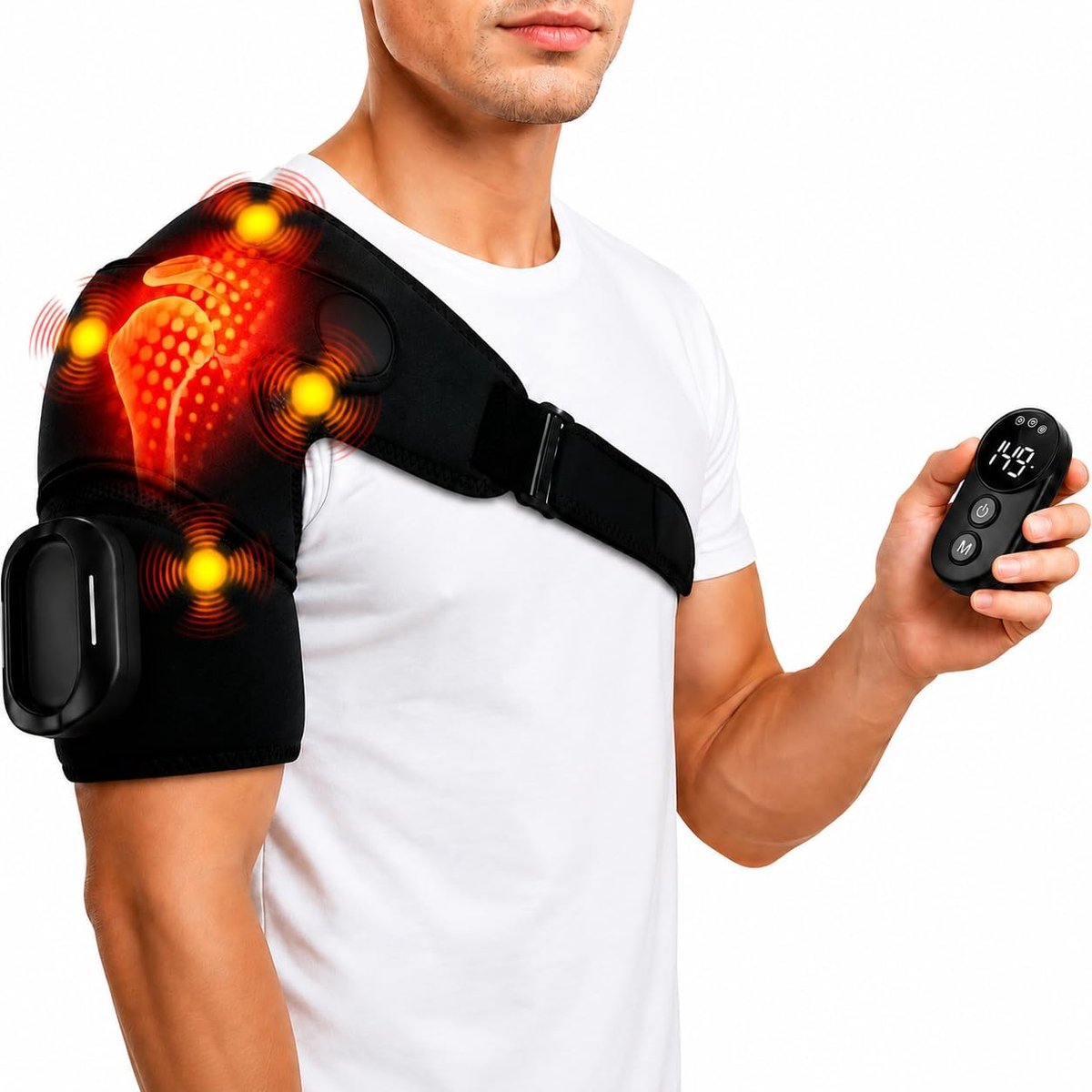 Shoulder Massager, Shoulder Support with 5 Heat Settings and 5 Vibration Modes, 5000 mAh Portable Heat Pad with Remote - ShopVlot