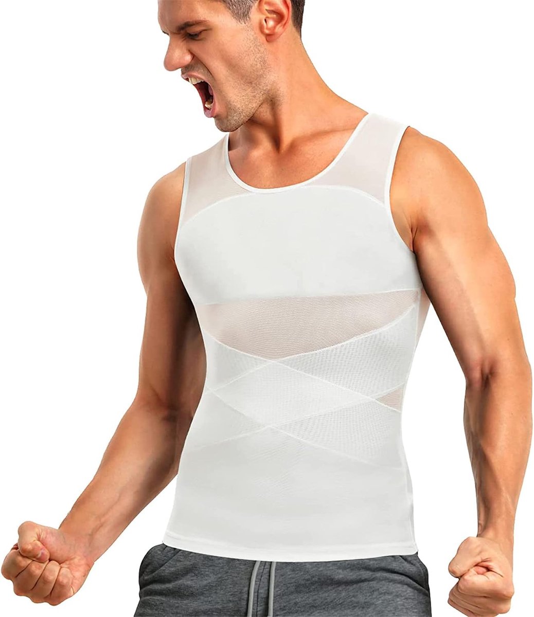 compression tank top mens body underwear flat stomach mens t shirt slimming underwear white ,L - ShopVlot