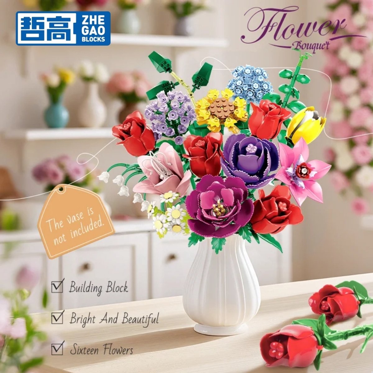 Zhe Gao 11304 Kleurrijke bloemen bouwset | Botanical Flowers Collection modelbouw | Classic Creator STEM speelgoed bouwpakket voor volwassenen en kinderen | Educatief decoratie Kunstbloemen boeket niet geschikt voor Lego | bouwdoos met 907 bouwstenen — afbeelding 2