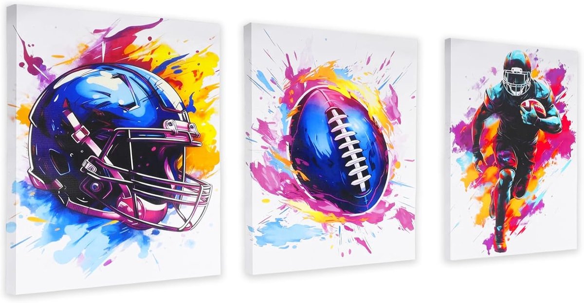 muurschildering american football 3-delig - aquarel print - ingelijst - sfeervolle decoratie voor jongenskamer - ShopVlot