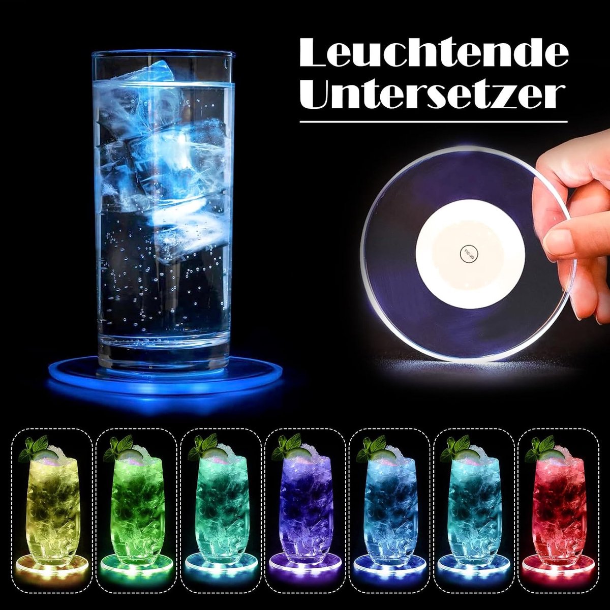 LED onderzetters 8-pack - acryl rond waterdicht - kleurrijk met 7 lichtmodi - perfect voor feestjes - ShopVlot