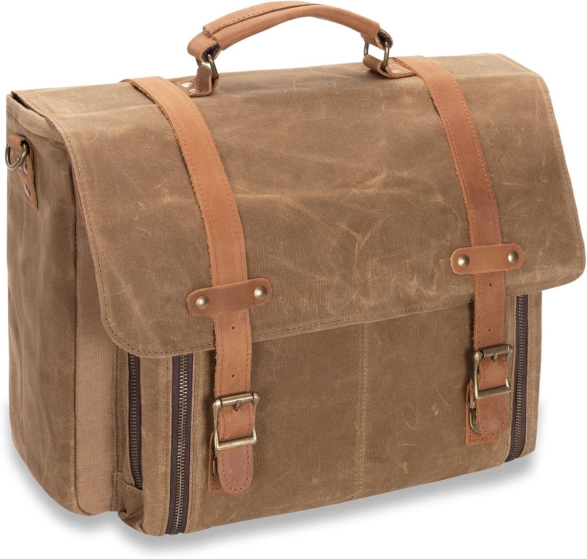 Vintage leren en gewaxed canvas laptoptas met accordeonmap voor 17 inch laptop, waterdichte schoudertas voor school, werk en reizen