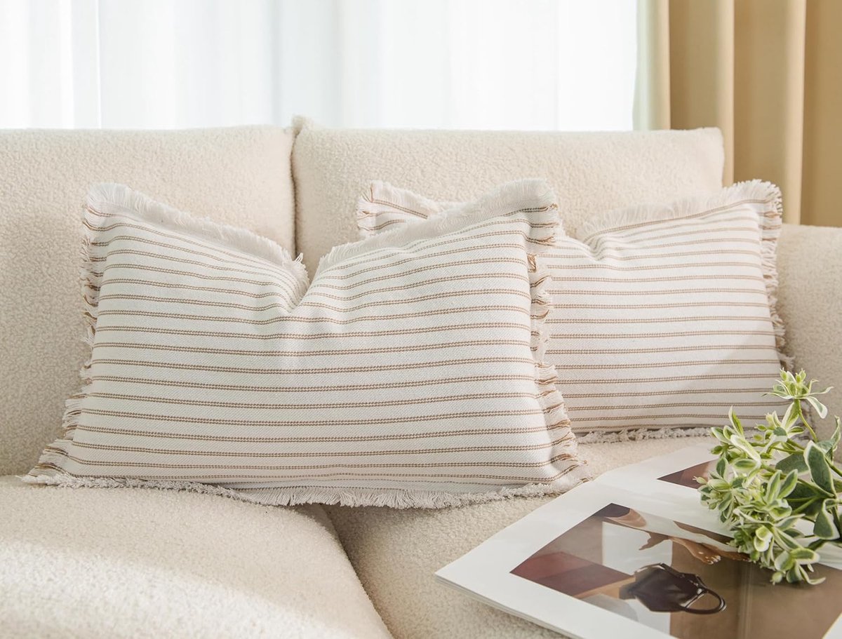 Cushion covers 30x50cm - khaki gestreept - franjes - elegante woondecoratie - ShopVlot