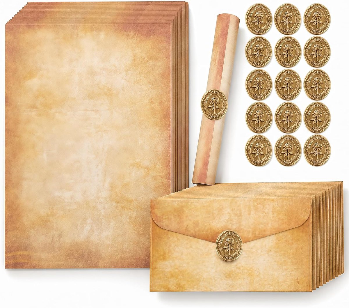 Vintage briefpapier set 60 stuks - A4 schrijfpapier met enveloppen - inclusief waszegelstickers - ideaal voor brieven - ShopVlot