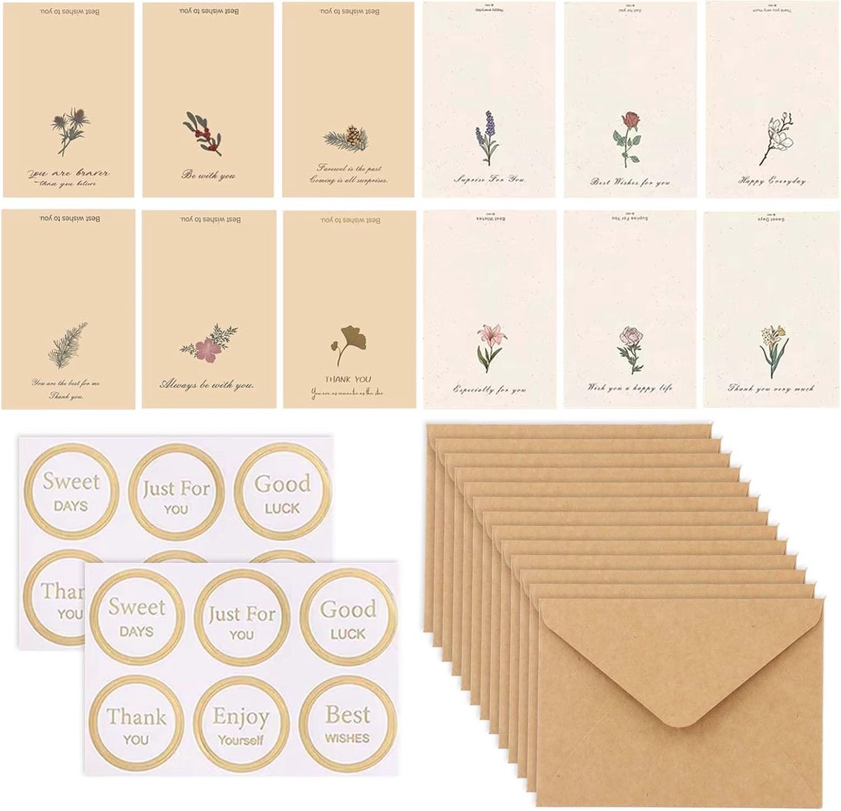 Wenskaartenset 12 stuks - Lavendelbloemen en retroplanten - Inclusief enveloppen - Perfect voor verjaardagen - ShopVlot