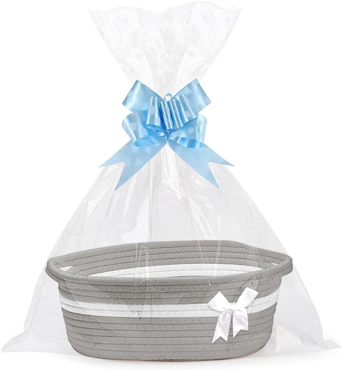 Gevlochten geschenkmand met 2 transparante cadeauzakjes en 2 geschenkstrikken, ideaal voor babyshower, verjaardag en bruiloft (grijs)