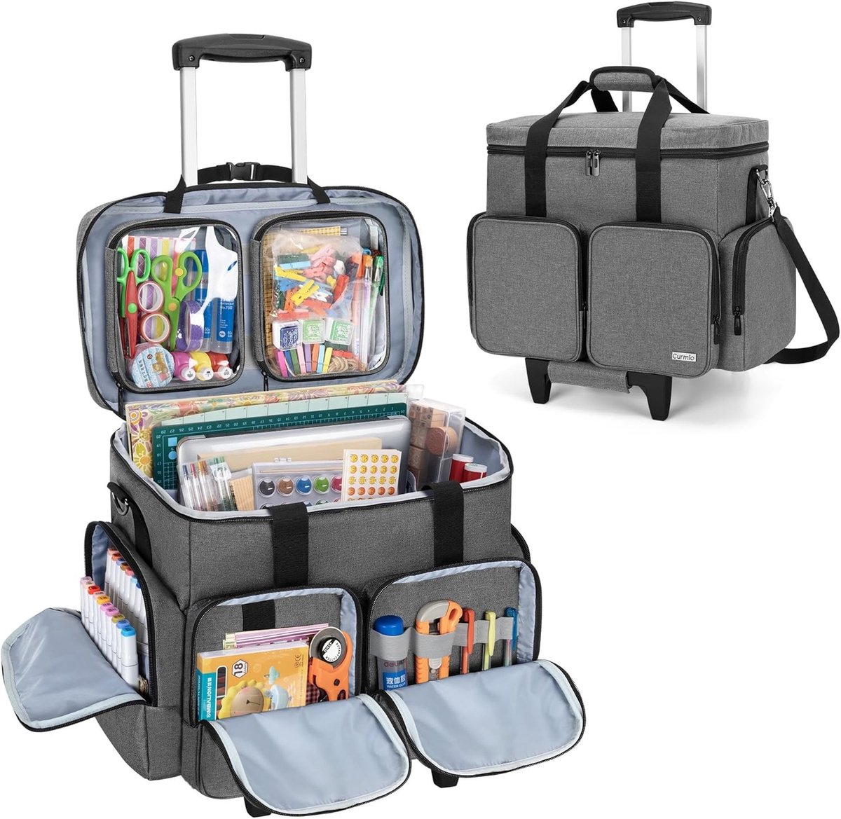 Ruimtesparende Rolling Scrapbook Tas met Gevoerde Laptop Sleeve, Afneembare Trolley en Houten Bodem voor Creatieve Scrapbooking Benodigdheden, Grijs