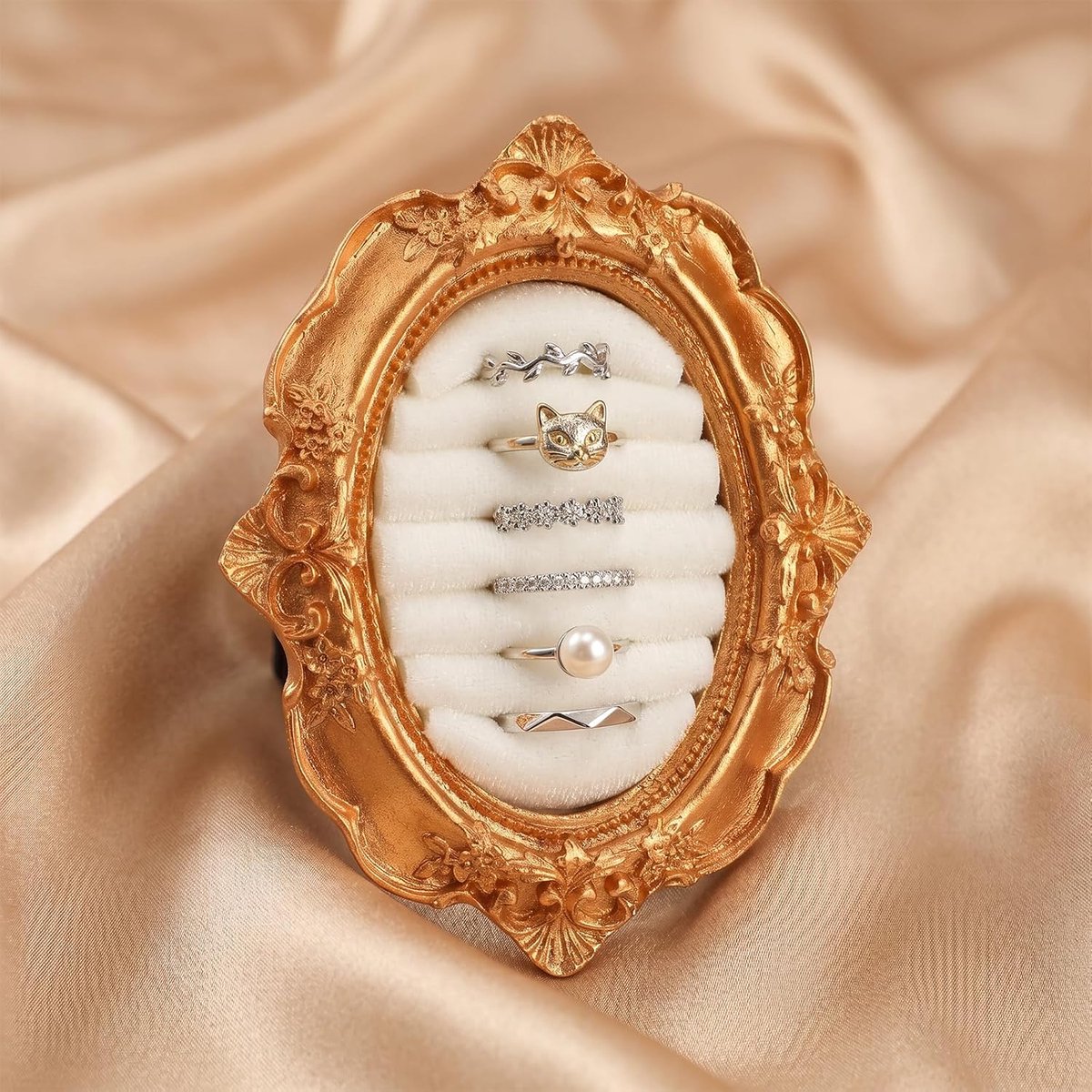 Sieradendienblad fluwelen organizer - beige - uitneembare scheidingswand - praktische ringhouder voor sieraden - ShopVlot