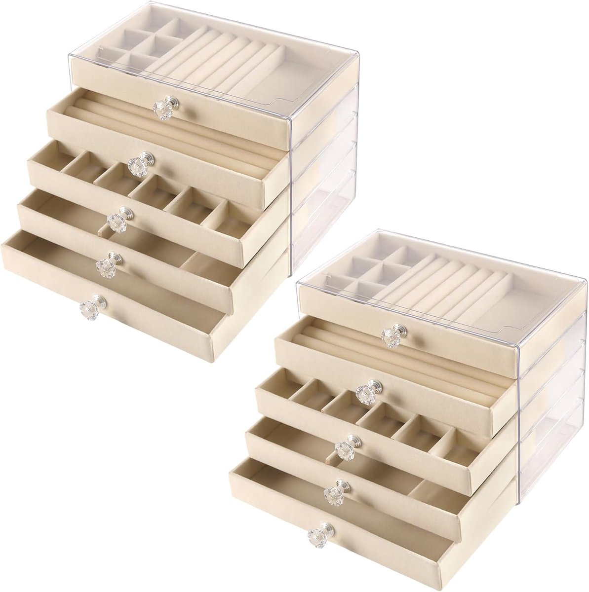 Sieradendoos met 5 lades - Acryl met beige fluweelvoering - Compacte sieradenopslag - Voor ringen en oorbellen - ShopVlot