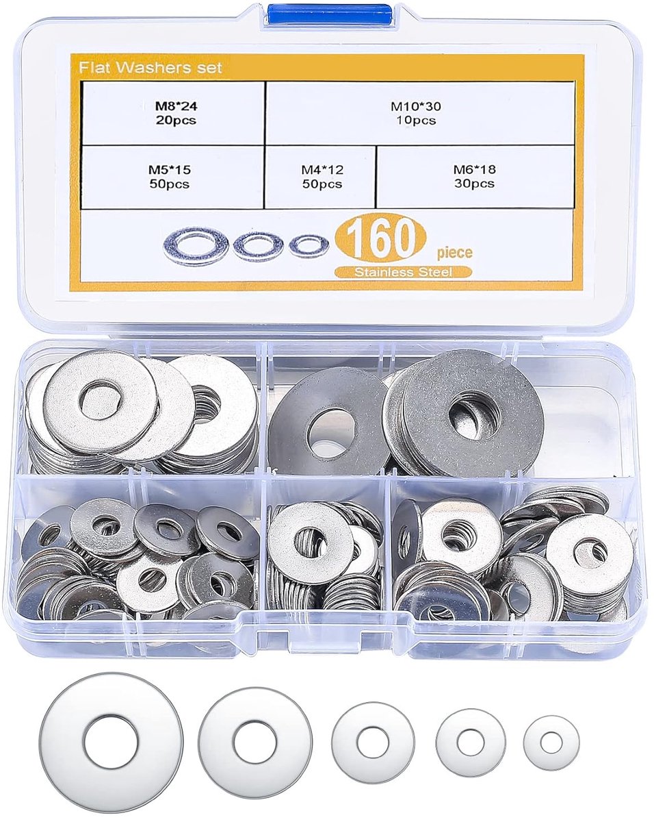 Washer set 160 stuks - roestvrij staal - vlakke ringen - ideaal voor onderhoud van bevestigingsmiddelen - ShopVlot