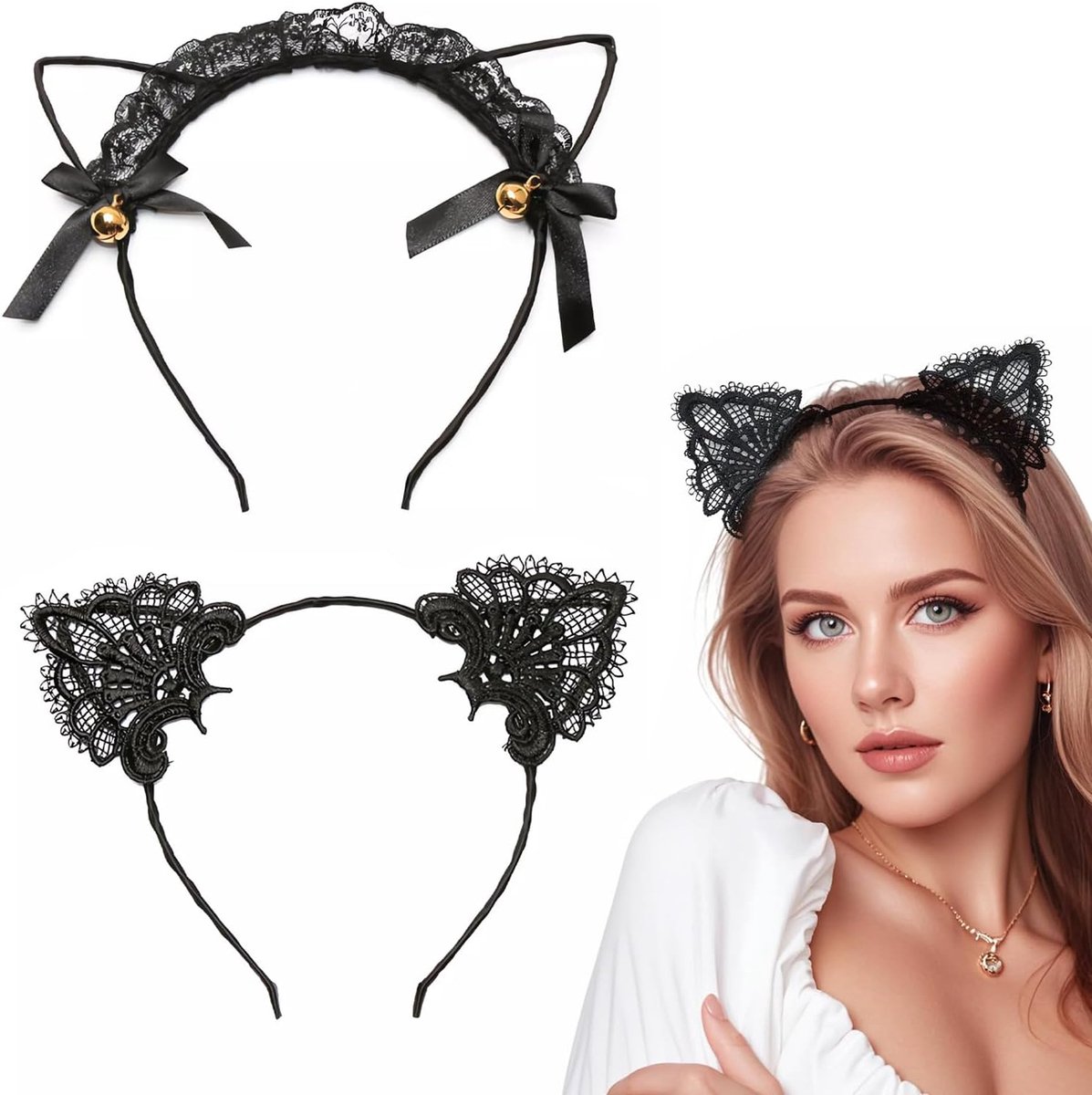 Katoren hoofdtooi 2 stuks - zwarte kant - sexy oren - perfect voor Halloween - ShopVlot