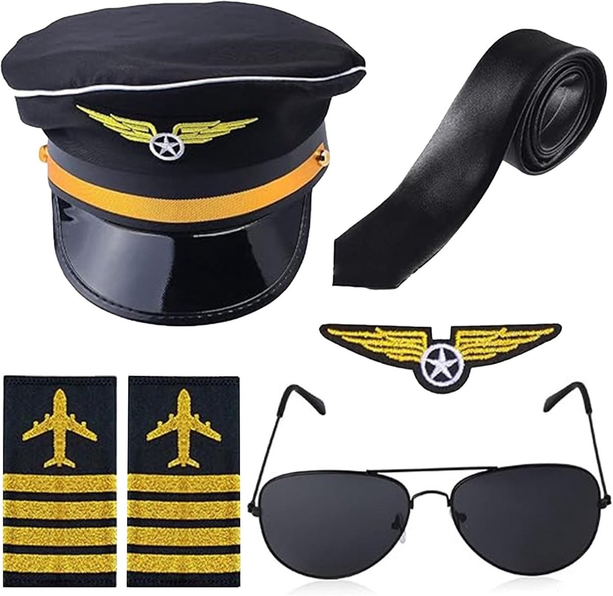 Set van 6 Accessoires voor Piloot Kostuum - Aviator Hoed, Zonnebril, Stropdas, Schouderflappen en Badge voor Carnaval en Feestjes