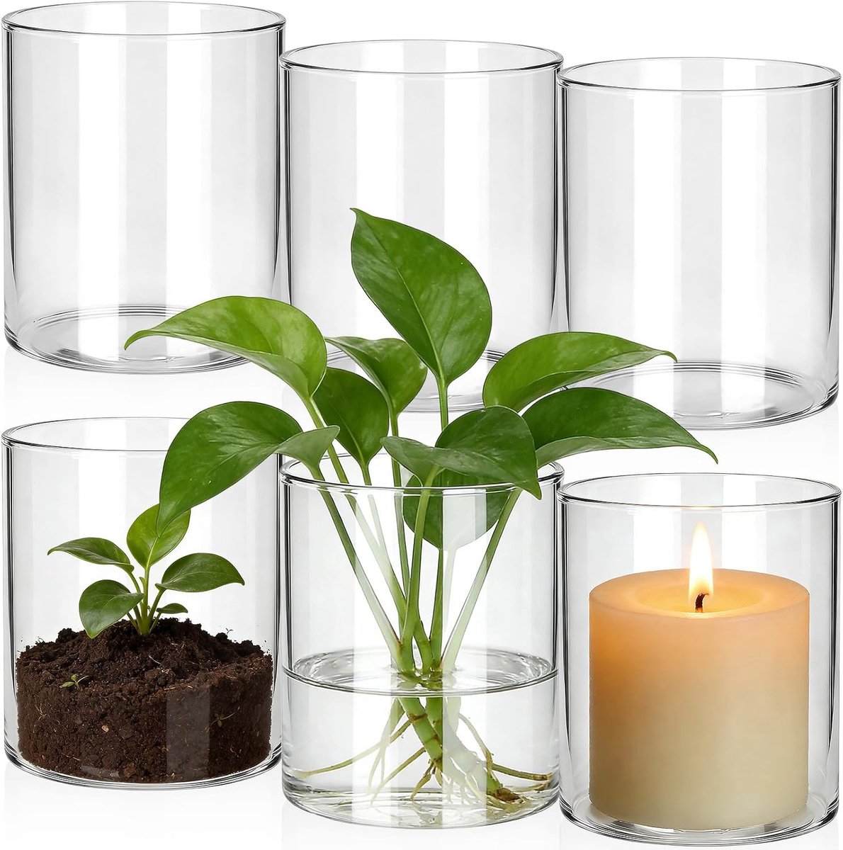 6 stuks 10 x 8,5 cm kleine cilinderglazen vaas, ronde glazen cilindervazen voor tafeldecoratie, multifunctionele - ShopVlot