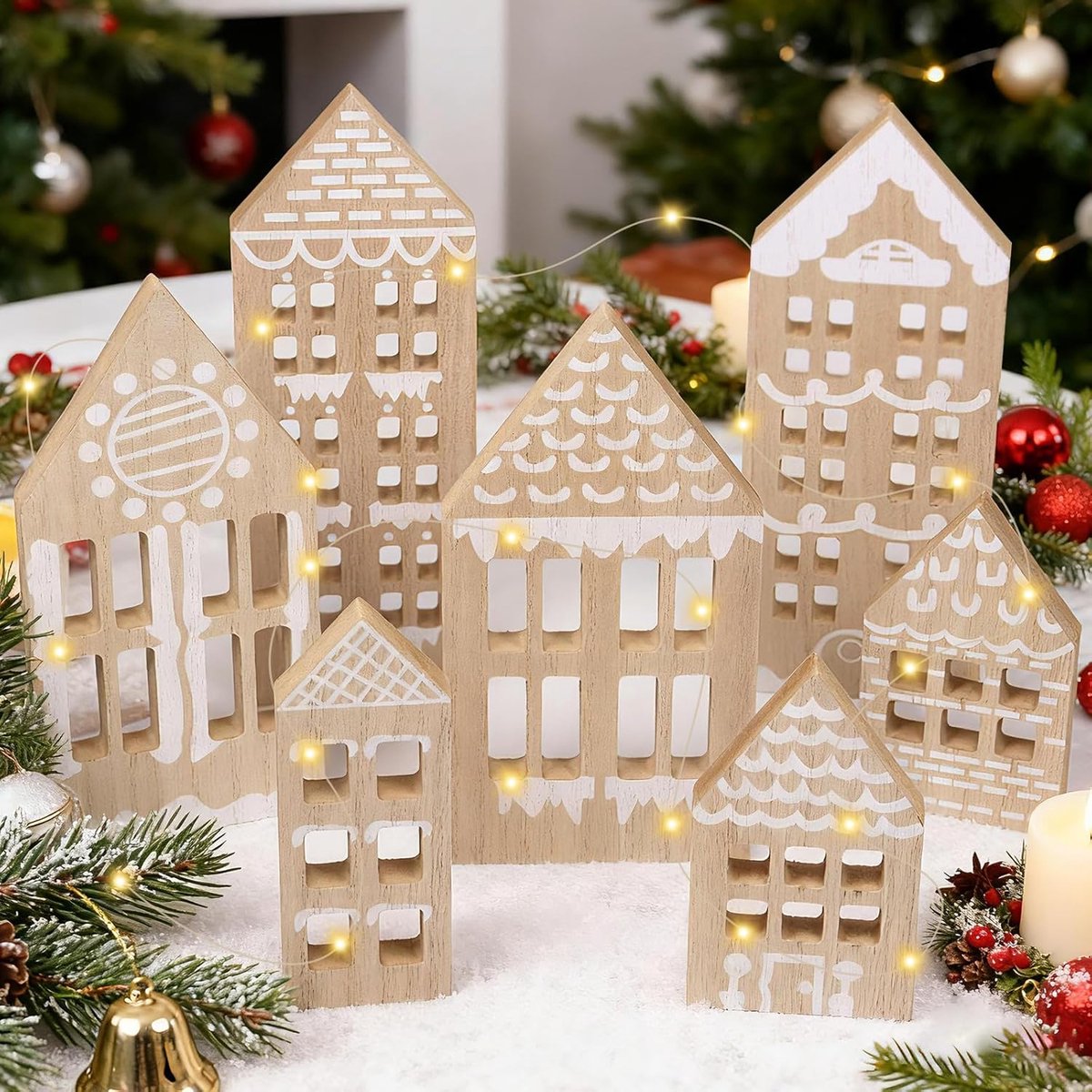 Christmas Decorations Wood, 7 Pieces Christmas Decorations Homes, Table Decoration Christmas Wood with LED String - ShopVlot