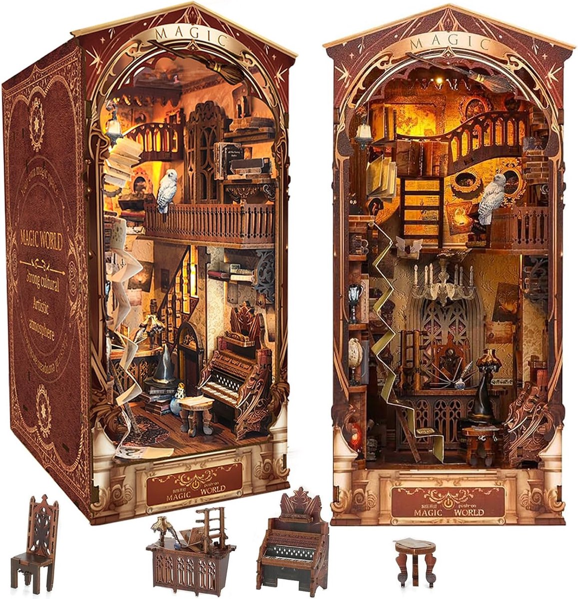 Book Nook Kit DIY Magic World with LED Light and Dustproof Lid, Bookends Puzzle Wood 3D Miniatures Creative Gifts - ShopVlot
