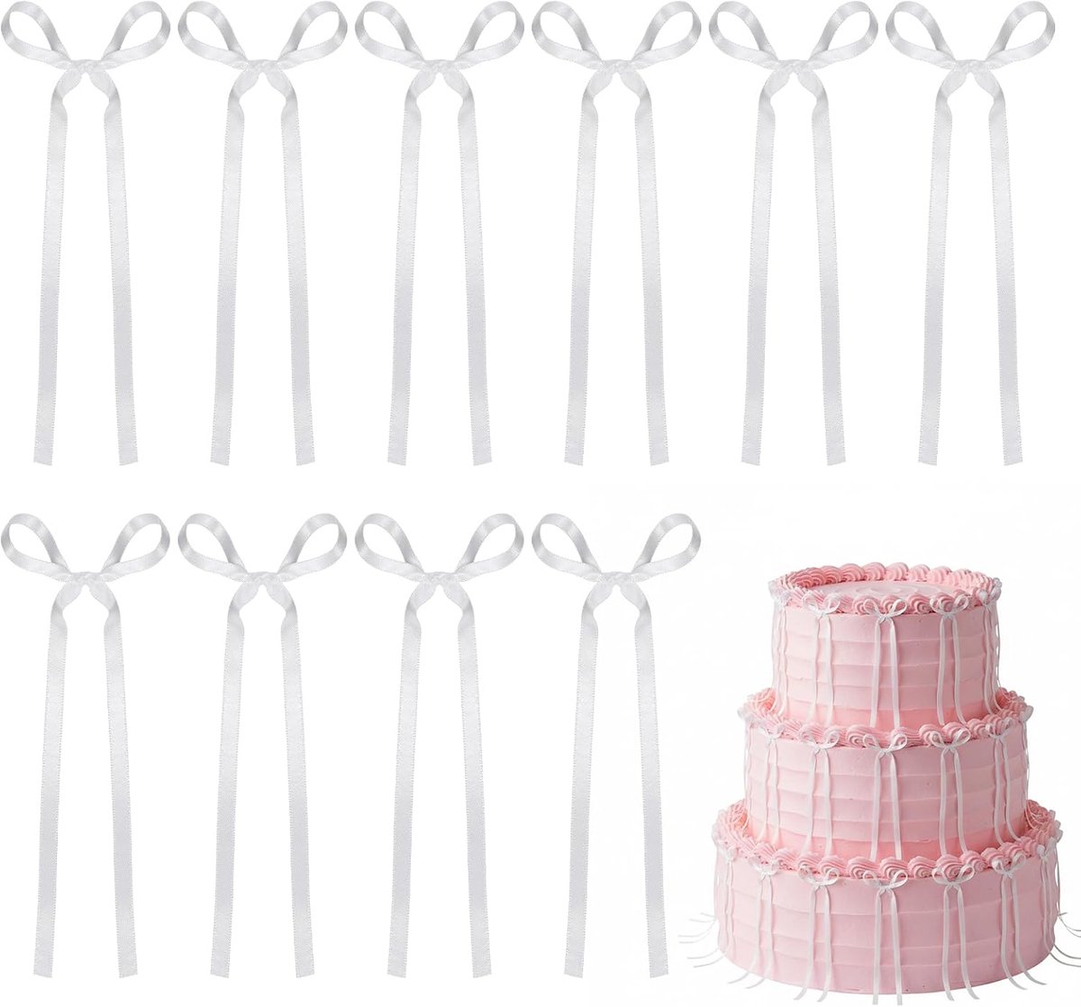 20pcs White Satin Ribbon Bow Cupcake Topper Cake Decoration Balloon Decoration Valentine's Day Birthday Wedding - ShopVlot