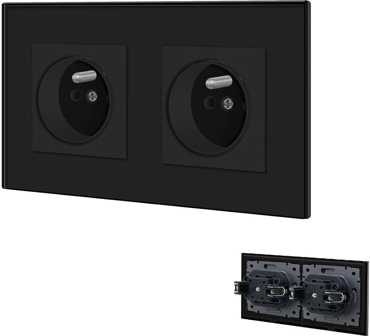 BSEED Wall Socket, Standard Socket with Claws, 16A, 110-250V, Double Socket with Crystal Glass Pane, Flush-Mounted - ShopVlot