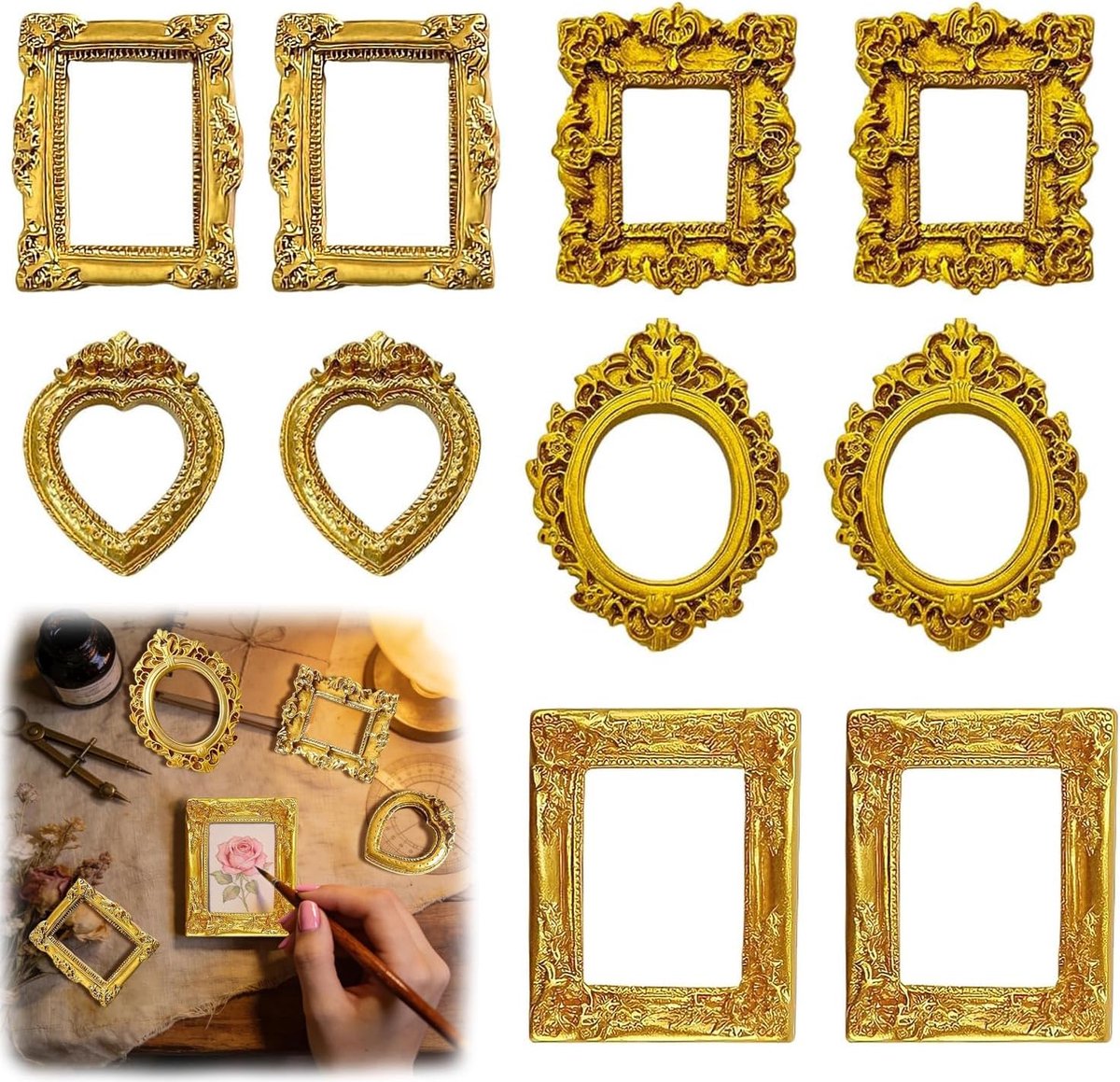 10 Vintage Style Mini Picture Frames Resin Gold Baroque Mini Frame Retro Picture Frame Small Picture Frame Wall - ShopVlot