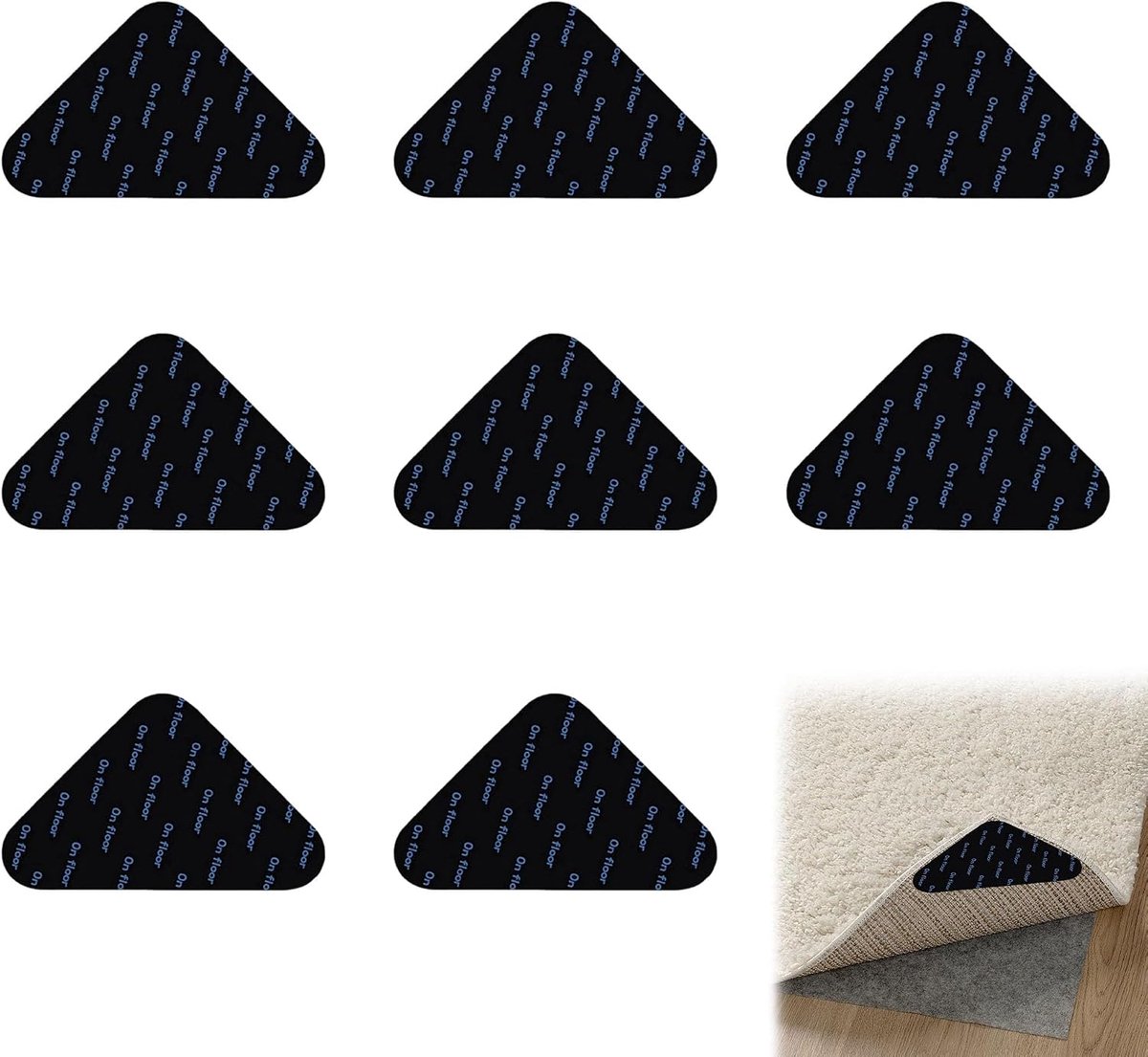 Antislipmat voor tapijt, 8 stuks, tapijtstoppers, zwart, driehoekig, 90 x 90 mm, wasbaar en herbruikbaar tapijt - ShopVlot
