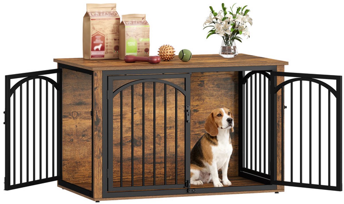 Hzuaneri Hondenbench Meubel, 100 x 60 x 63 cm, Rustiek Bruin en Zwart, 4 Deuren, Eindtafel Dierenbenches, Hondenhok Voor Binnen