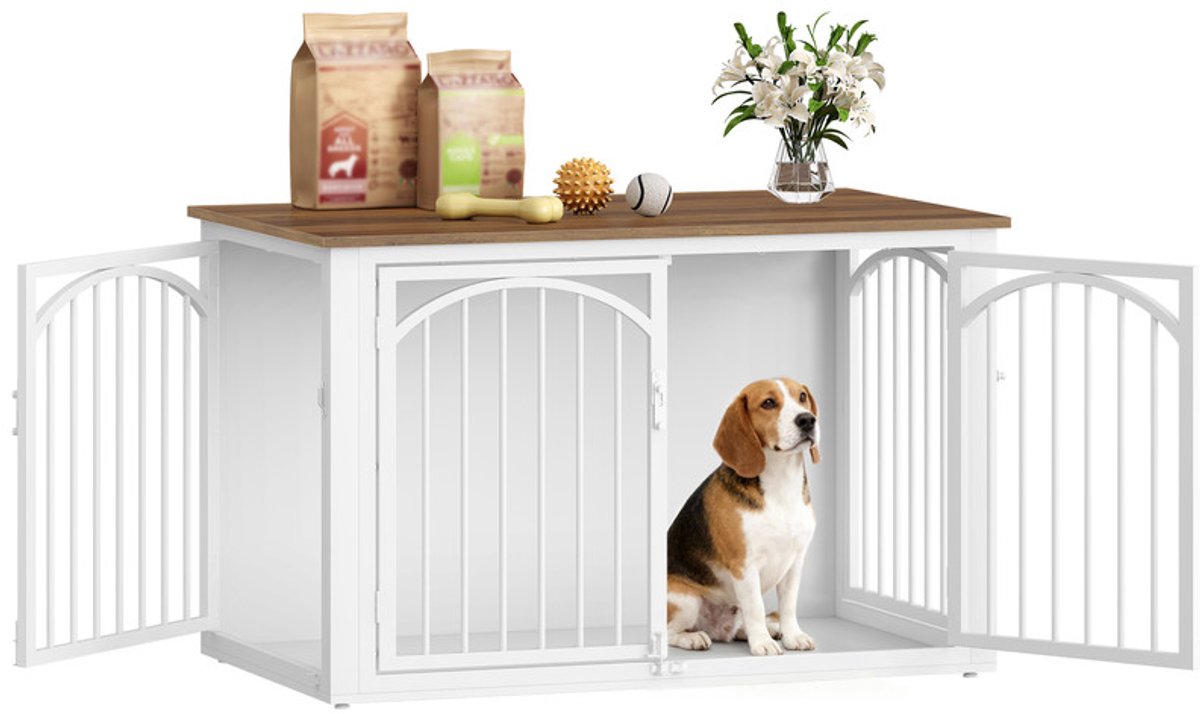 Hzuaneri Hondenbench Meubel, 100 cm Houten Hondenbench met 4 Deuren, 100 x 60 x 63 cm, Eindtafel Dierenbenches Voor Middelgrote tot Grote Honde, Hondenhok Voor Binnen, Bruin en Wit
