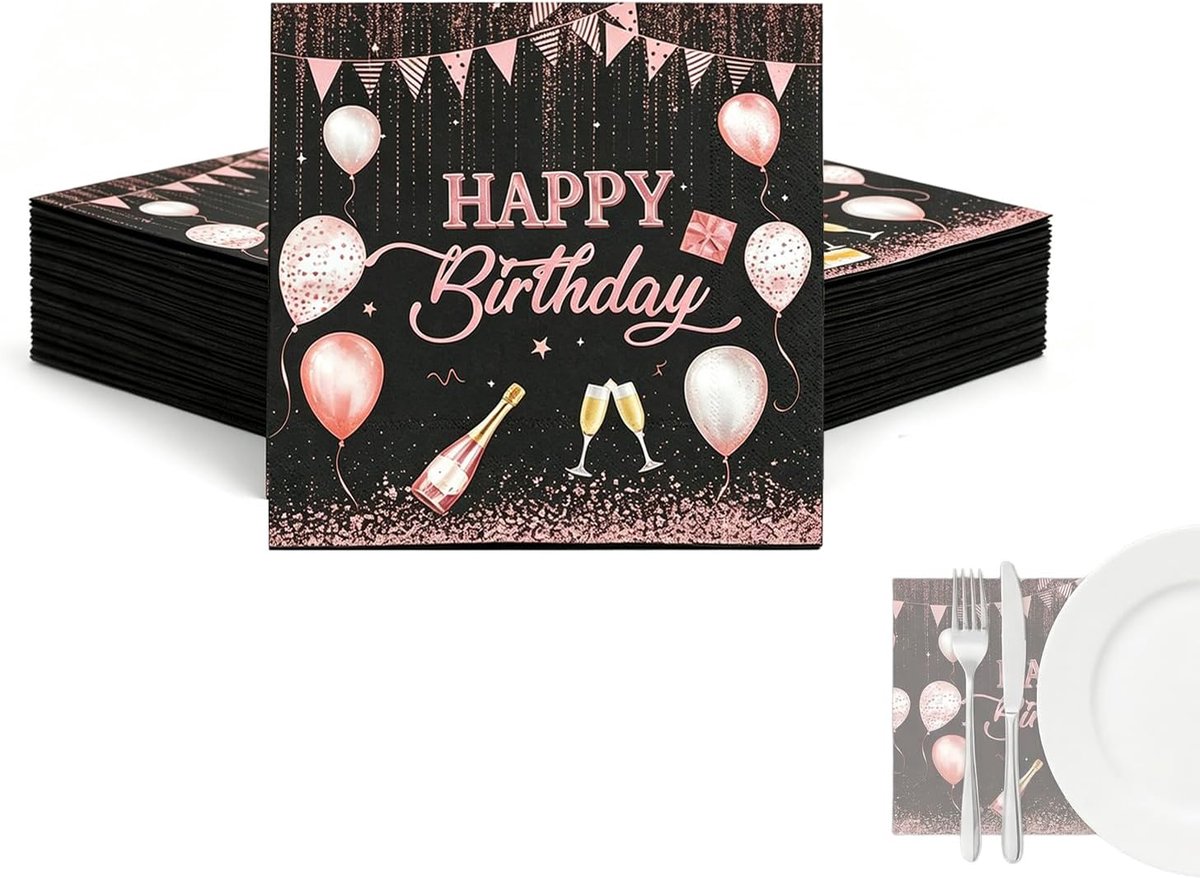 Servetten voor verjaardag (33 x 33 cm), 20 stuks roségouden papieren servetten voor meisjes, verjaardag, Happy - ShopVlot