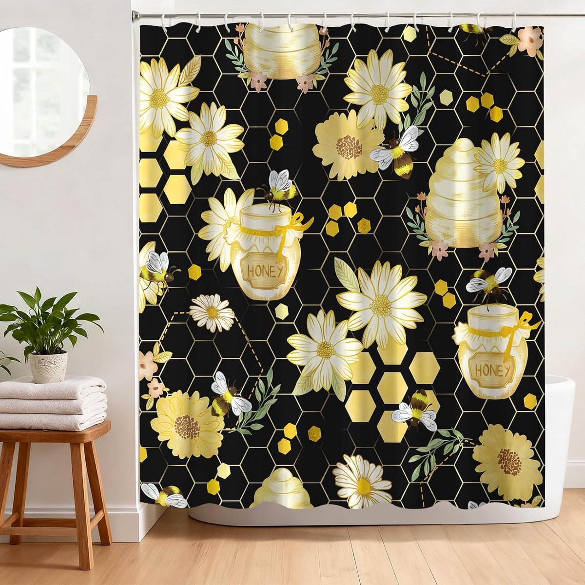 Douchegordijn met bloemenpatroon, 180 x 180 cm, anti-schimmel, bloemen en bijen, van waterdicht polyesterweefsel, met - ShopVlot