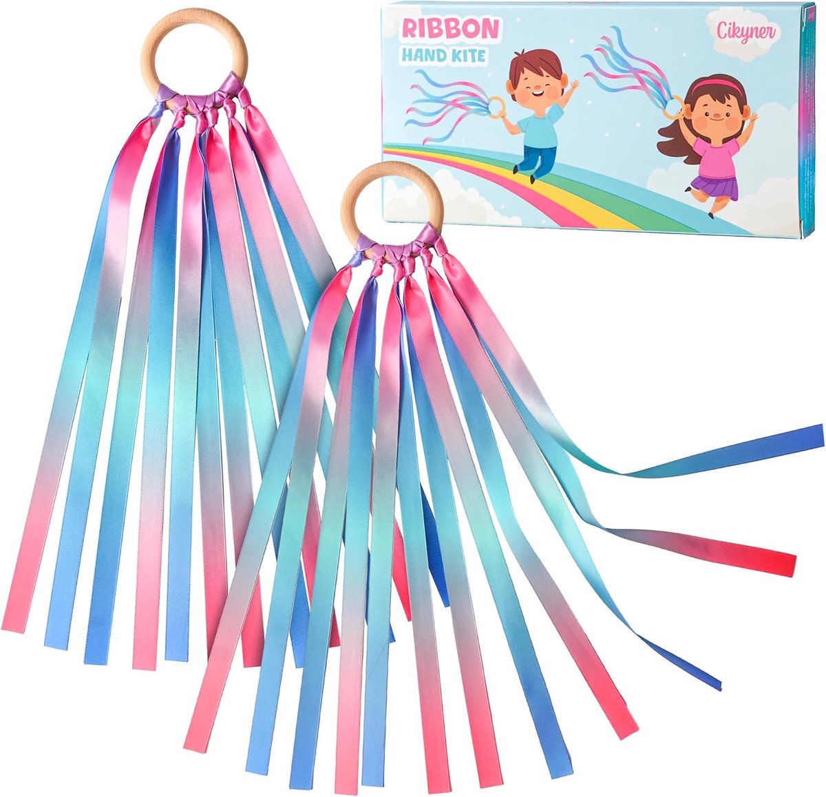 Cikyner Ribbon Hand Kites for Kids, 2 Pieces Premium Colorful Ribbon Waldorf Toys Creative Dancer Streamer String Toy - ShopVlot
