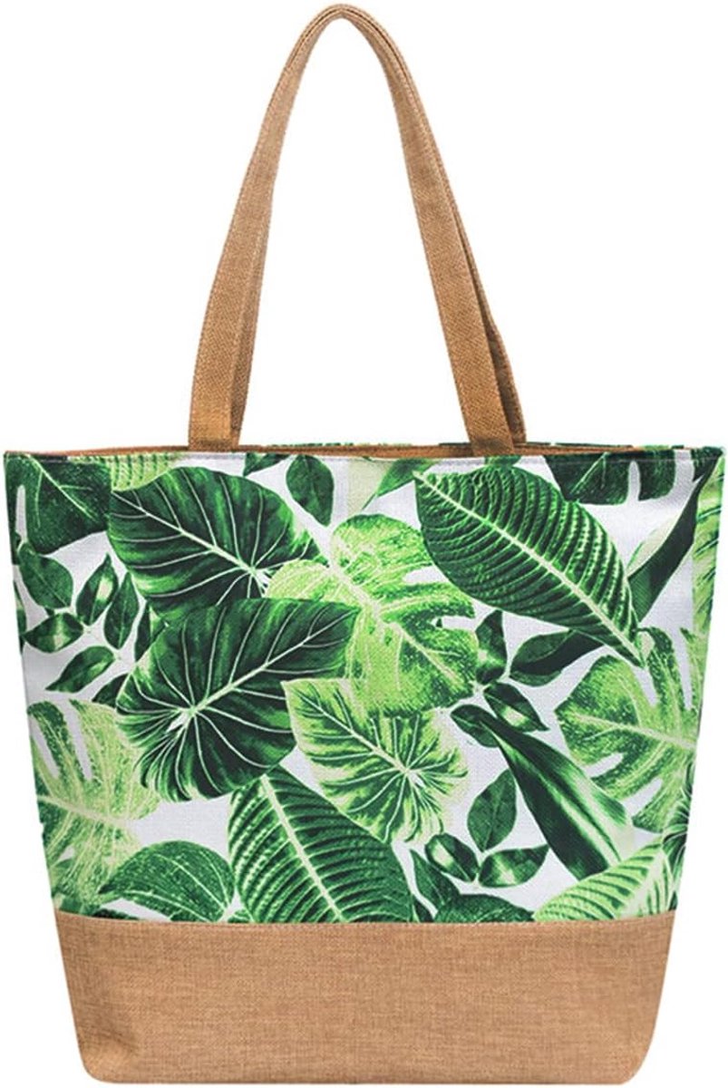 Tote bag grote strandtas met rits - groene bladeren - shopper tas - perfect voor dagelijks gebruik - ShopVlot