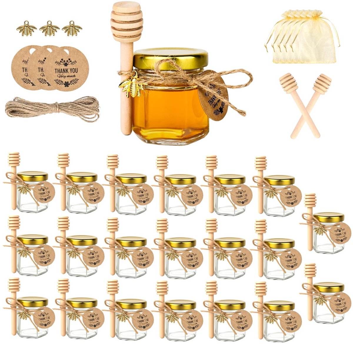 Solidchoice - 20 Stuks Mini Honingpotjes met Lepel en Cadeautas
