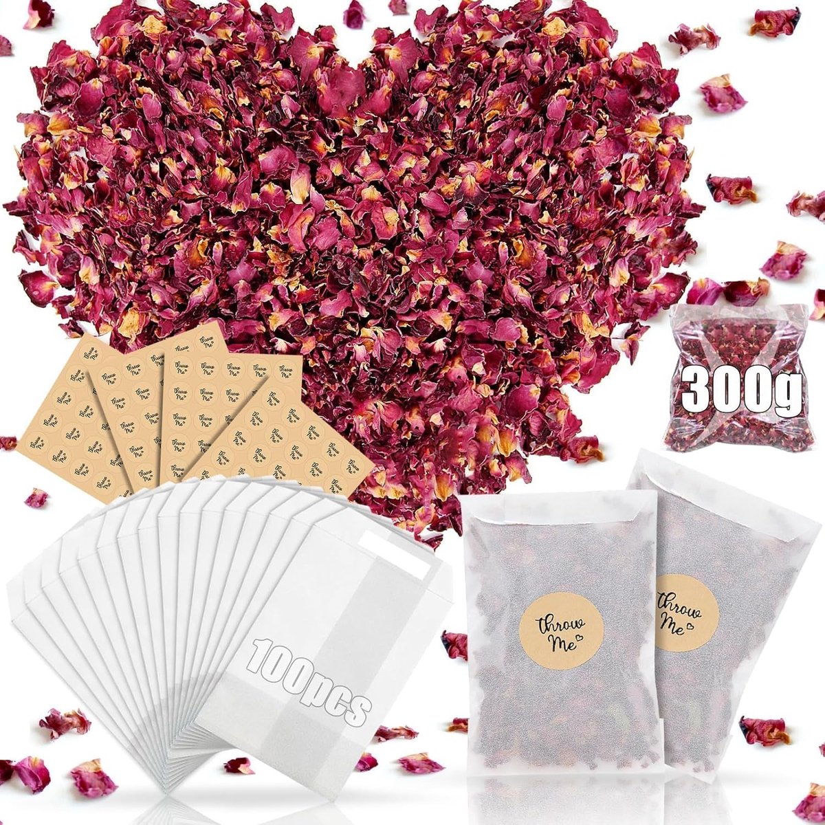 Bruiloft confetti 300g - Biologisch afbreekbare rozenblaadjes - Inclusief 100 papieren zakjes - Perfect voor bruiloften - ShopVlot